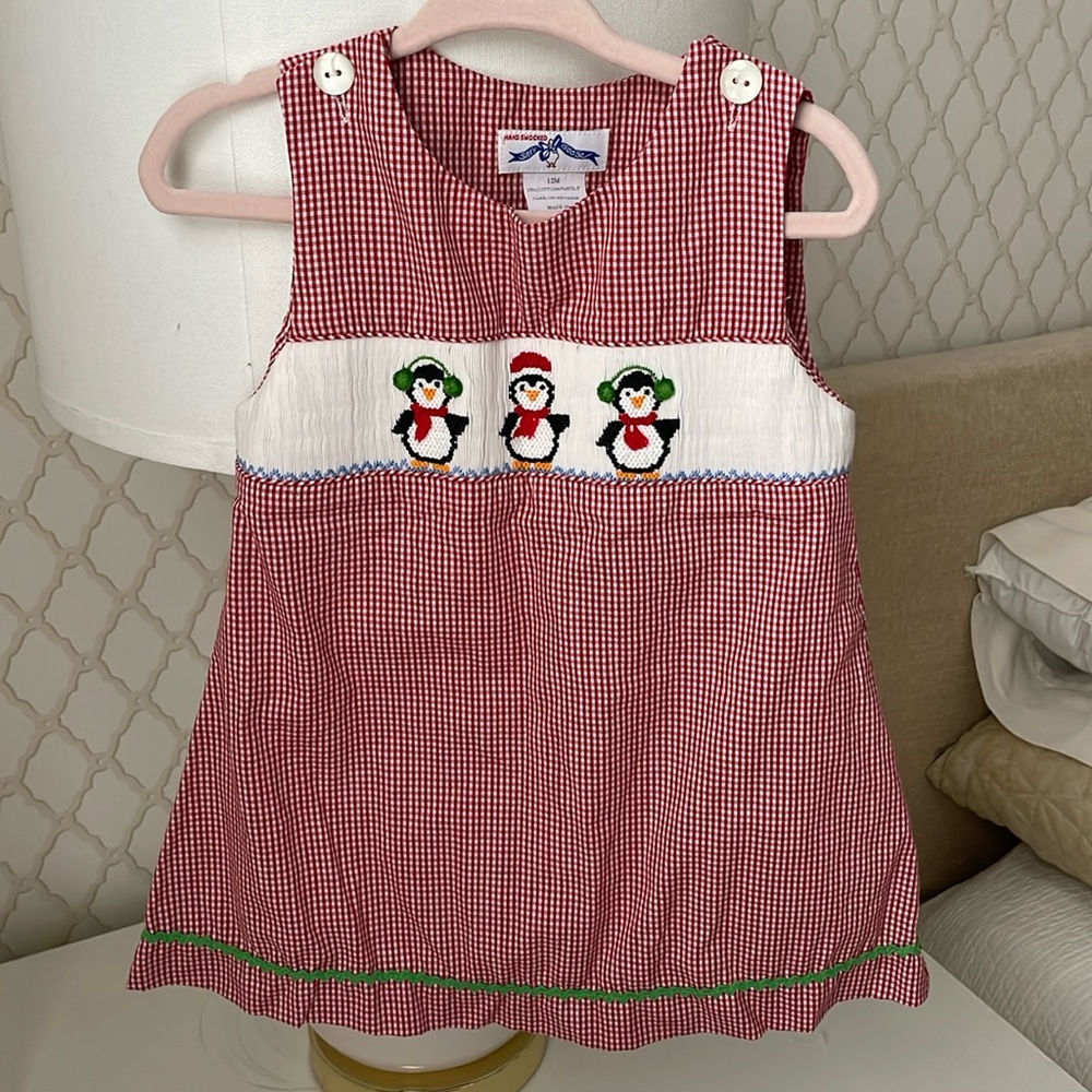 Red Gingham Dress with Penguin Embroidery